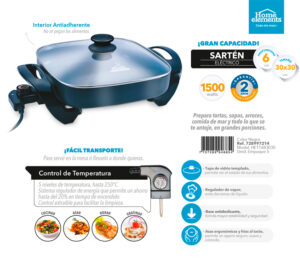 Sarten electrico cuadrado 30x30 cms con tapa vidrio Home Elements 3 Sarten electrico cuadrado 30x30 cms con tapa vidrio Home Elements